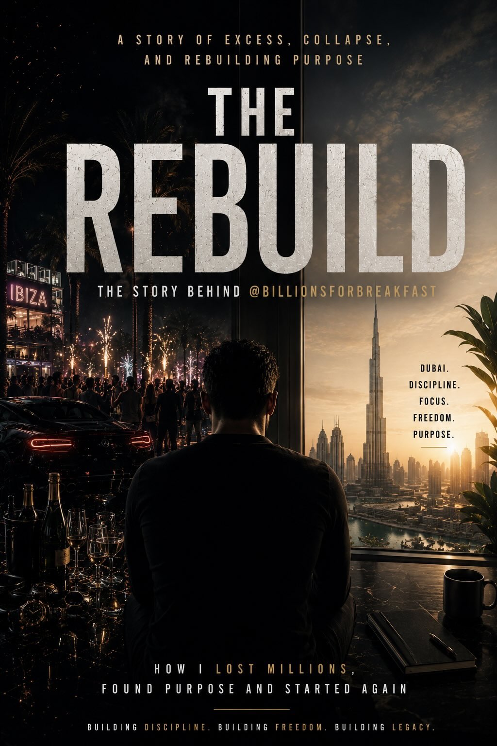 The Rebuild book cover — a man looks out over a Dubai skyline at sunset